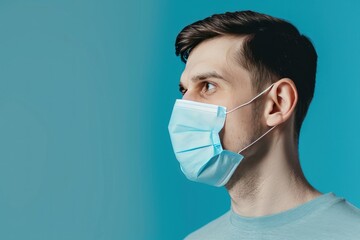 Wall Mural - Young man in medical mask on blue background. Coronavirus concept with copy space. Medical Mask. Pandemic Concept with copy space. Healthcare Concept. Epidemic Concept. Copy Space.