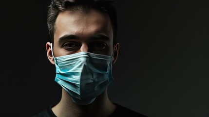 Wall Mural - Portrait of a young man in a medical mask on a dark background with copy space. Medical Mask. Pandemic Concept with copy space. Healthcare Concept. Epidemic Concept. Copy Space.