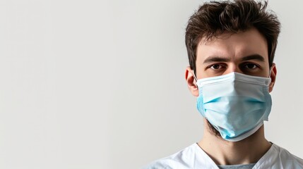 Wall Mural - Portrait of a young man in a medical mask. Isolated on white background with copy space. Medical Mask. Pandemic Concept with copy space. Healthcare Concept. Epidemic Concept.  