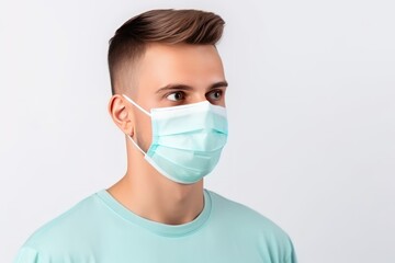 Wall Mural - Portrait of a young man in a medical mask. Isolated on white background with copy space. Medical Mask. Pandemic Concept with copy space. Healthcare Concept. Epidemic Concept.  