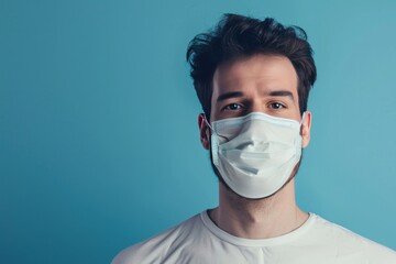 Young man in a medical mask on a blue background with copy space. Medical Mask. Pandemic Concept with copy space. Healthcare Concept. Epidemic Concept. Copy Space.