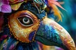 Bird in a carnival mask and colored feathers. Generative AI