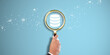 Database Management: Businessman Hand Holding a Magnifying Glass with Database Icon on Light Blue Background. Efficient Data Retrieval, Seamless Integration, Streamlined Operations.
