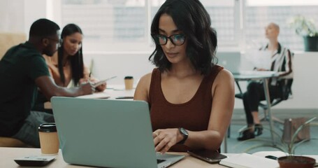 Aufkleber - Woman in creative office with laptop, smartphone and typing message with market research career. Phone, coworking space and professional girl at desk with networking, email and online communication.