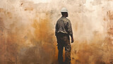 Fototapeta  - Worker in white helmet standing in front of back facing wall