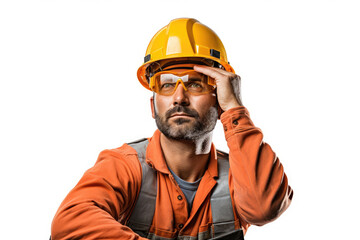 Wall Mural - Worker in safety helmet man eye level angle, isolated white background