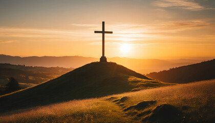Wall Mural - Silhouette of the cross at dawn: a symbol of faith and resurrection