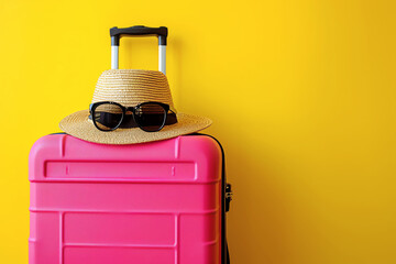 pink suitcase on yellow background, AI generated