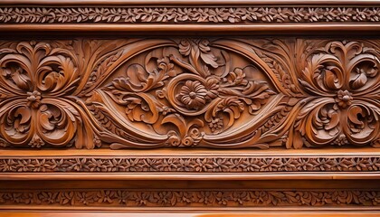 Close-up of carvings on the wooden headboard