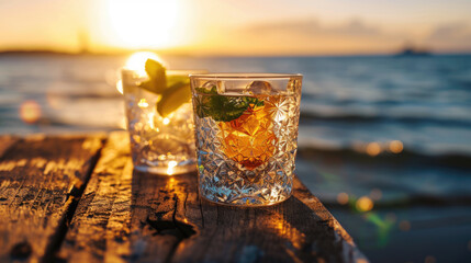 Wall Mural - Two glasses of refreshing iced drink, garnished with mint leaves and lime slices, placed on a rustic wooden table with a soft-focus background