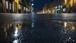 Dark streets of the city come to life due to light reflection on wet asphalt, creating a mysteriou
