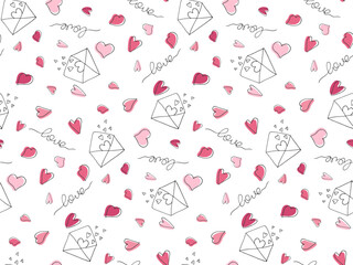 Poster - Valentine's day Line seamless pattern. Envelope, lettering, heart shape in doodle outline style. Hand drawn linear love cute background. For printing wrapping paper, fabric, wallpaper