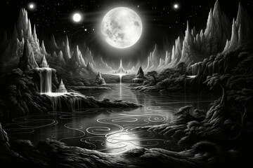 Wall Mural - Enchanted moonlit waterfalls, flowing with liquid silver and granting wishes to those who bathe beneath them - Generative AI