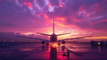 Cinematic Sunset At Airport, 4K Travel Footage. Scenic Pink Sunset With Purple Clouds In Summer Sky. Holiday Vacation Tourism Concept Video. Back View Airplane With Tourists Landing At Night Airport 