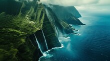 Molokai, Hawaii Circa-2018. Aerial View Of Molokai Coast With Beautiful Waterfalls. Shot With Cineflex And RED Epic-W Helium.    
