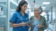 © Studio Nova - Nurse in blue scrubs is discussing medical information with an elderly female patient using a tablet in a hospital corridor.