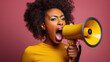 © Studio Nova - Woman is joyfully shouting into a megaphone against a vibrant colored background.