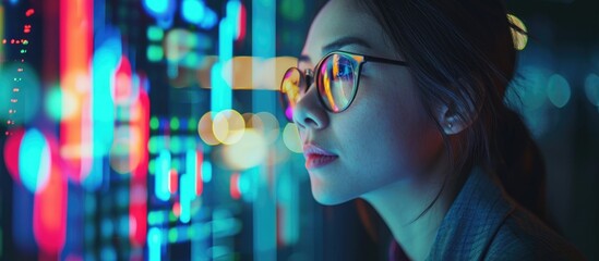 Female cryptocurrency trader using hologram technology, cloud computing, and AI strategies for investment growth.