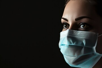 Wall Mural - Portrait of young beautiful woman in medical mask on dark background with copy space. Medical Mask. Pandemic Concept with copy space. Healthcare Concept. Epidemic Concept. 