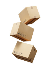 Set of falling beige cardboard boxes for delivery of goods. Recyclable packaging. Mockup. 3d render