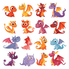 Wall Mural - Cartoon dragon set. Cute dragons. Baby fire dragon or dinosaur cute characters isolated vector. Fairy tale monsters. Vector dragon