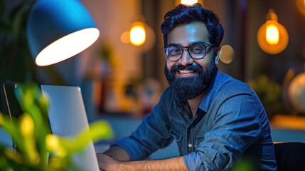 Poster - East Indian Businessman Working at Desk With Laptop Generative AI