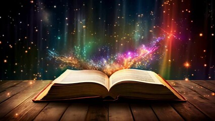 book on wooden table with the colorful universe coming out of it