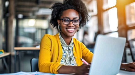 Poster - Black Businesswoman Sitting in Front of Laptop Computer Generative AI