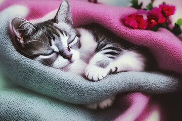 A kitten sleeping with blankets