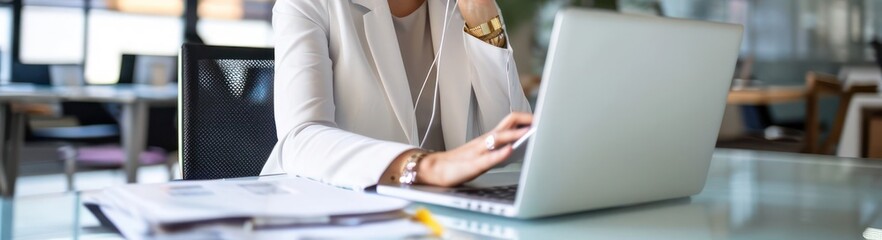 Poster - Elderly Caucasian Mature Business Woman Sitting in Front of Laptop Generative AI