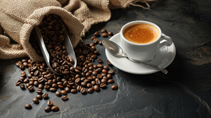 Poster - Close-up view of a freshly brewed cup of espresso with a creamy crema on top, accompanied by coffee beans spilling out from a burlap sack