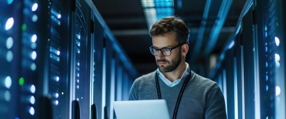 Poster - it professional using laptop in server room for big data analysis generative ai