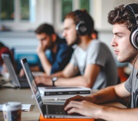 Poster - Group of Men Working on Laptops at a Table for E-Learning Generative AI