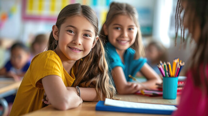 Sticker - Two young girls smiling and embracing each other in a classroom setting, with colored pencils and school supplies on the table in front of them.