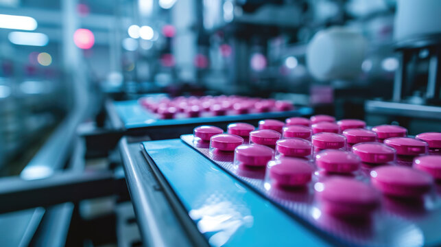 Industrial pharmaceutical production line with a series of purple capsules organized in rows on a conveyor belt