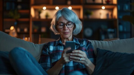 Poster - Elderly Woman Sitting on Couch Texting and Shopping on Cell Phone Generative AI