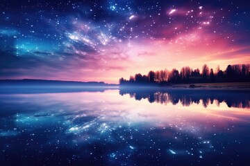 Wall Mural - Starry morning reflected in lake water.