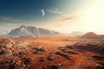 Wall Mural - Sunset panorama of rocky Martian landscape with craters.