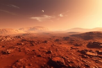 Wall Mural - Sunset panorama of rocky Martian landscape with craters.