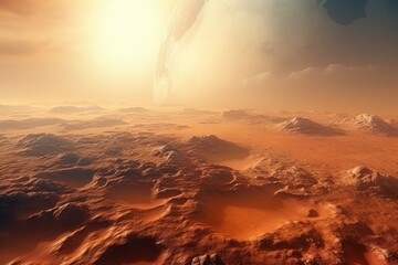 Wall Mural - Sunset panorama of rocky Martian landscape with craters.
