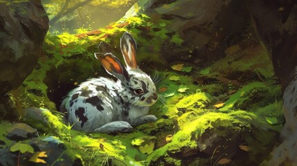  a digital painting of a rabbit sitting in the middle of a lush green forest with rocks and plants on the sides of the image is a bright sunlit background.