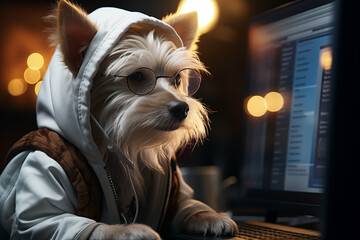 A dog programmer in glasses and a suit works at a computer.