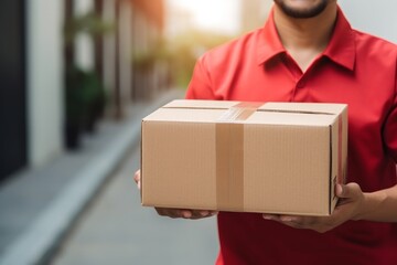 a delivery man in red is holding a box