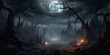 Dark Scary Wallpaper Image,A dark night with bats dark forest and a full moon in the Halloween,Halloween Horror Wallpaper Image

