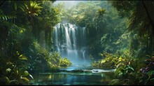  A Painting Of A Waterfall In The Middle Of A Forest Filled With Lots Of Green Plants And A Body Of Water In The Middle Of The Picture Is Surrounded By Lush Vegetation.