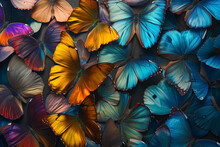 Colors Of Rainbow. Pattern Of Multicolored Butterflies Morpho, Texture Background. Butterflies Collection Colorful. Tropical Butterfly Pattern And Design. Colors On A Natural Background