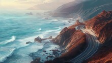  A Scenic View Of The Ocean With A Road Running Along The Side Of The Ocean And A Cliff On The Other Side Of The Road And A Cliff On The Other Side Of The Ocean.