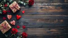 Roses, Hearts And Gifts On Wooden Background