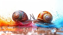 Two Snails In The Water With Splashes Of Water On A White Background Generative AI