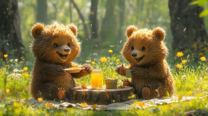 Two brown bears are sitting on a wooden stump in the forest and drinking orange juice. Generative AI